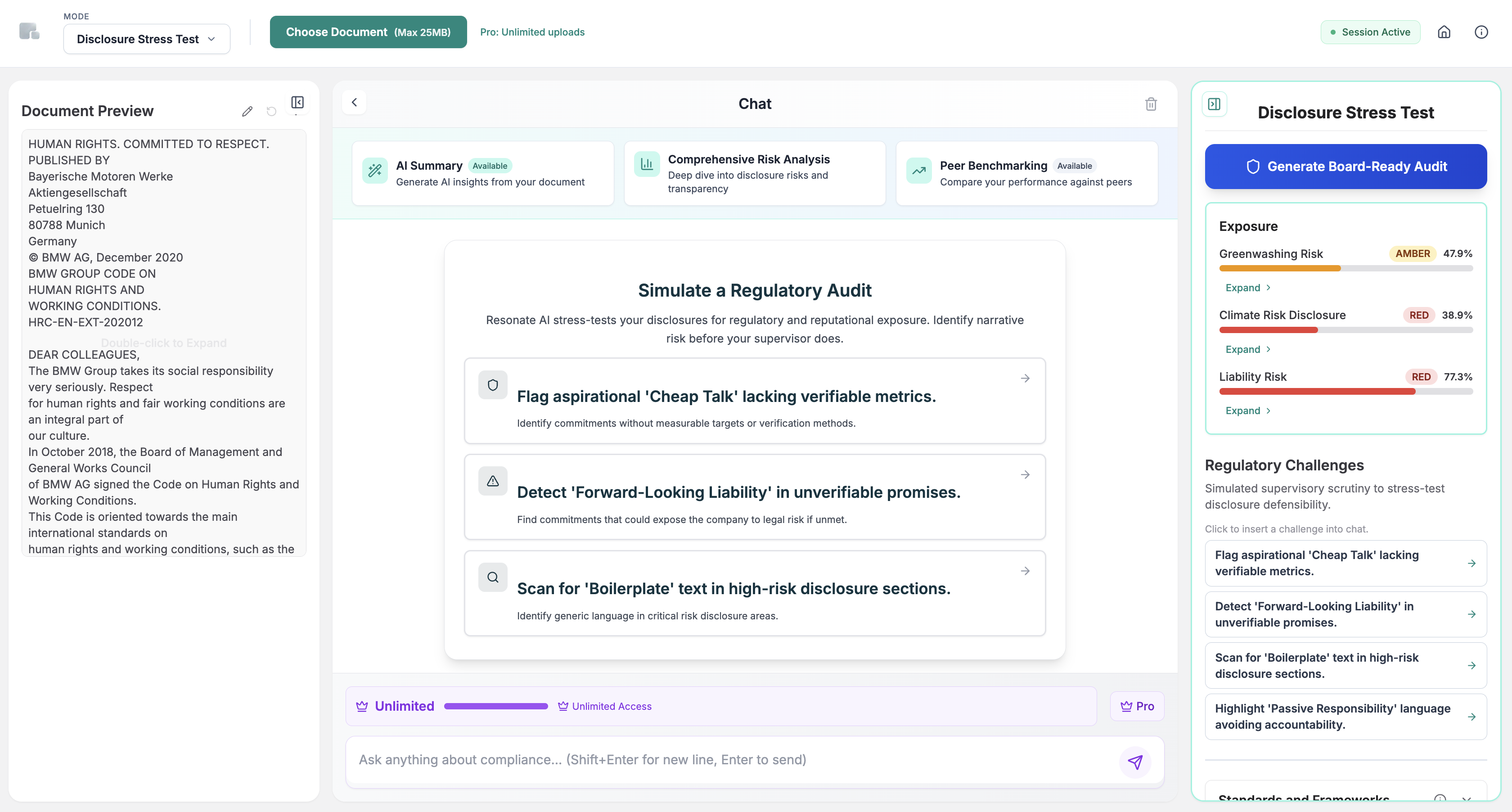 Screenshot of Resonate AI disclosure stress test interface